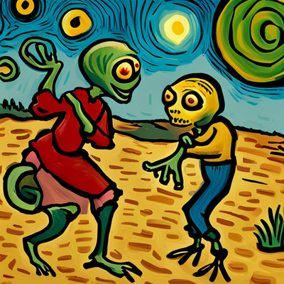 Vincent van Gogh styled art, dancing aliens