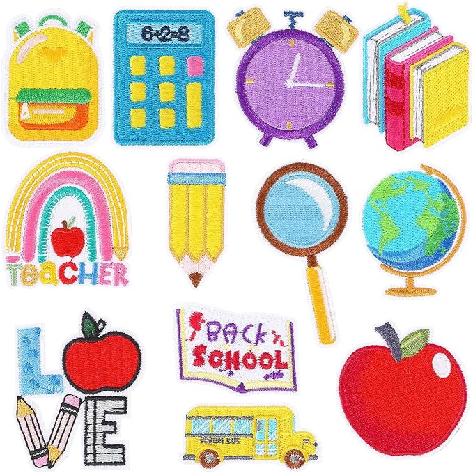 12pcs Back to School Iron on Patches Pencil Apple School Bus Embroidered Sew Applique Repair Patch Teacher Students DIY Crafts for Clothing Jacket Jeans Dress Backpack Hat Decorations Gift
