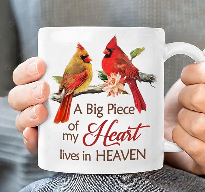 Julyxystore Coffee Mug Watercolor Cardinal Light Pink Flower A Big Piece Of My Heart Lives In Heaven Heaven White Ceramic Coffee Mug