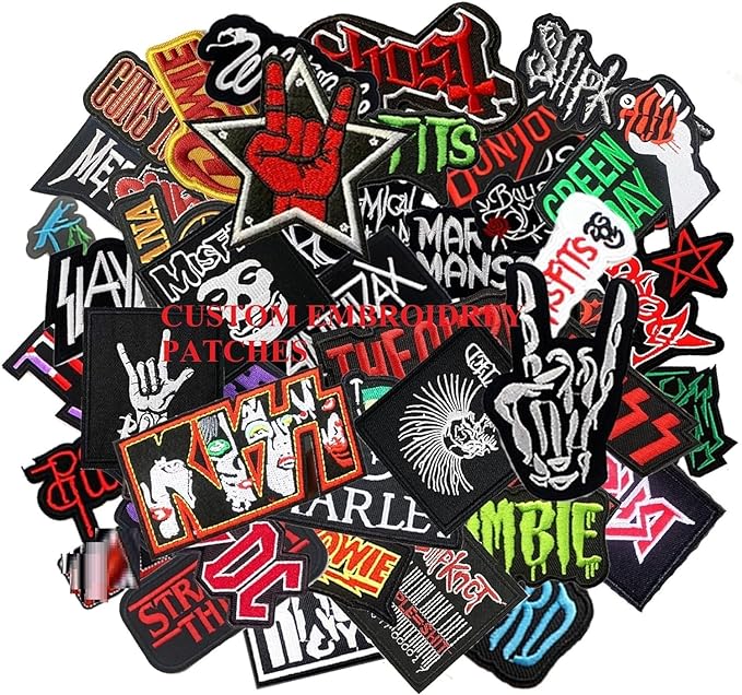 HARINI Morale Patch, 50 Pcs Mixed Patches Band Rock Music Badges Punk Embroidery Skull Patches for Jacket Jeans Backpacks Hat Assorted Style Badges Clothes Stickers DIY Applique Stripe