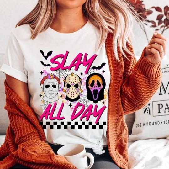 Slay All Day Halloween Shirt, Fall Halloween Sweatshirt, Horror Movie Shirts, Vintage Fall T-Shirts, Scary Sweater, Gift for Halloween