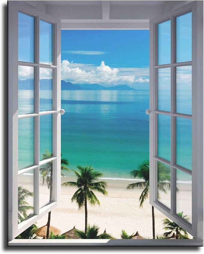 Beach Windows Poster, Modern Kitchen Wall Art Pictures Decor Painting Canvas Wall Art Kitchen, for Kitchen, Restaurant, Bar, Living Room (20×27,Framed)